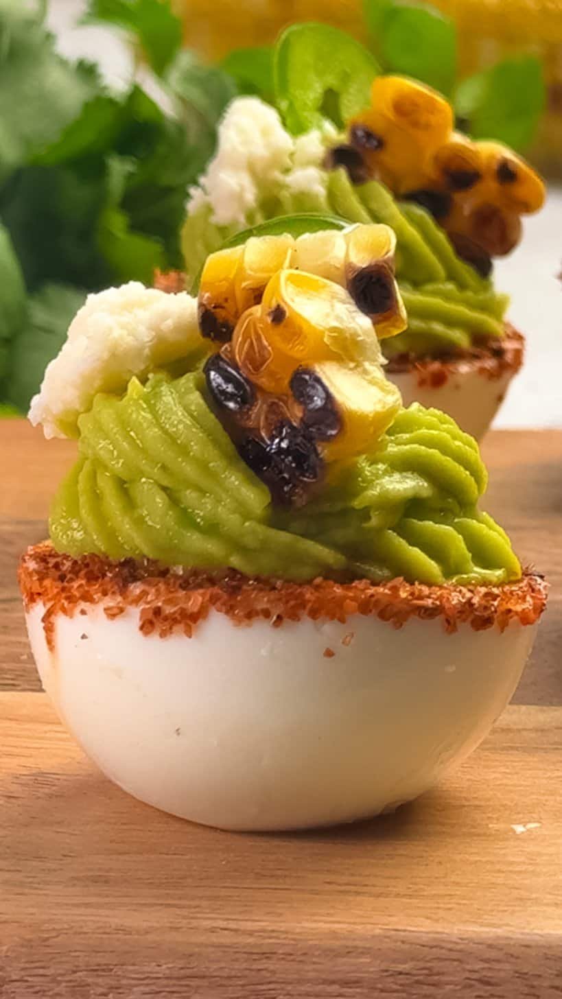 Mexican Street Corn Deviled Eggs on a platter