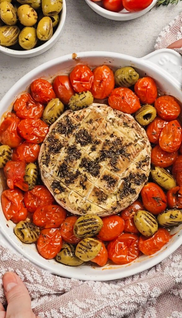 Brie cheese with olives and tomatoes in a baking dish.