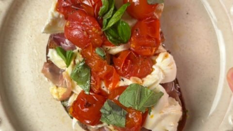 Plate with a toast on it. Toast is topped with burrata and tomatoes