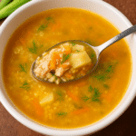 Close-up of a bowl of canned salmon soup with potatoes, shredded carrots, millet, and fresh dill in a light golden broth, served in a white bowl on a rustic brown surface.