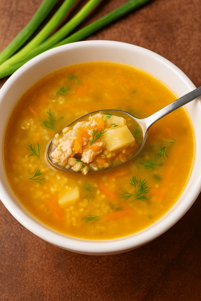 Close-up of a bowl of canned salmon soup with potatoes, shredded carrots, millet, and fresh dill in a light golden broth, served in a white bowl on a rustic brown surface.