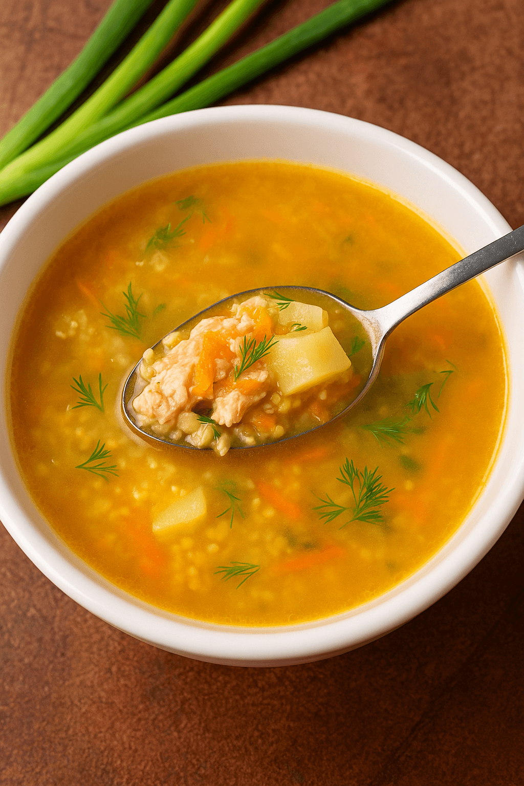 Close-up of a bowl of canned salmon soup with potatoes, shredded carrots, millet, and fresh dill in a light golden broth, served in a white bowl on a rustic brown surface.