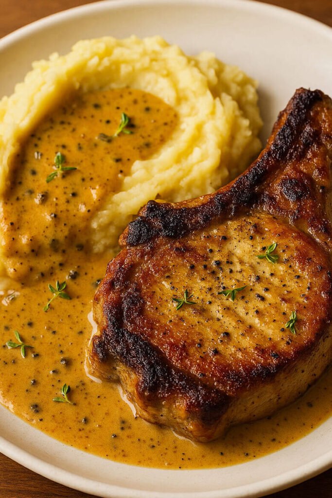 A golden-brown, bone-in pork chop served with creamy mashed potatoes, topped with rich peppercorn sauce and garnished with fresh thyme on a white plate. The dish looks warm and comforting, with the glossy sauce highlighting the texture of the pork and the smoothness of the mashed potatoes.