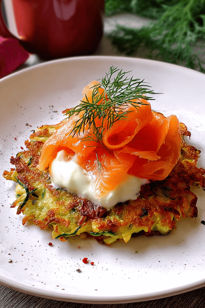 Crispy golden zucchini fritter topped with a dollop of sour cream, silky ribbons of smoked salmon, and a sprig of fresh dill on a white plate