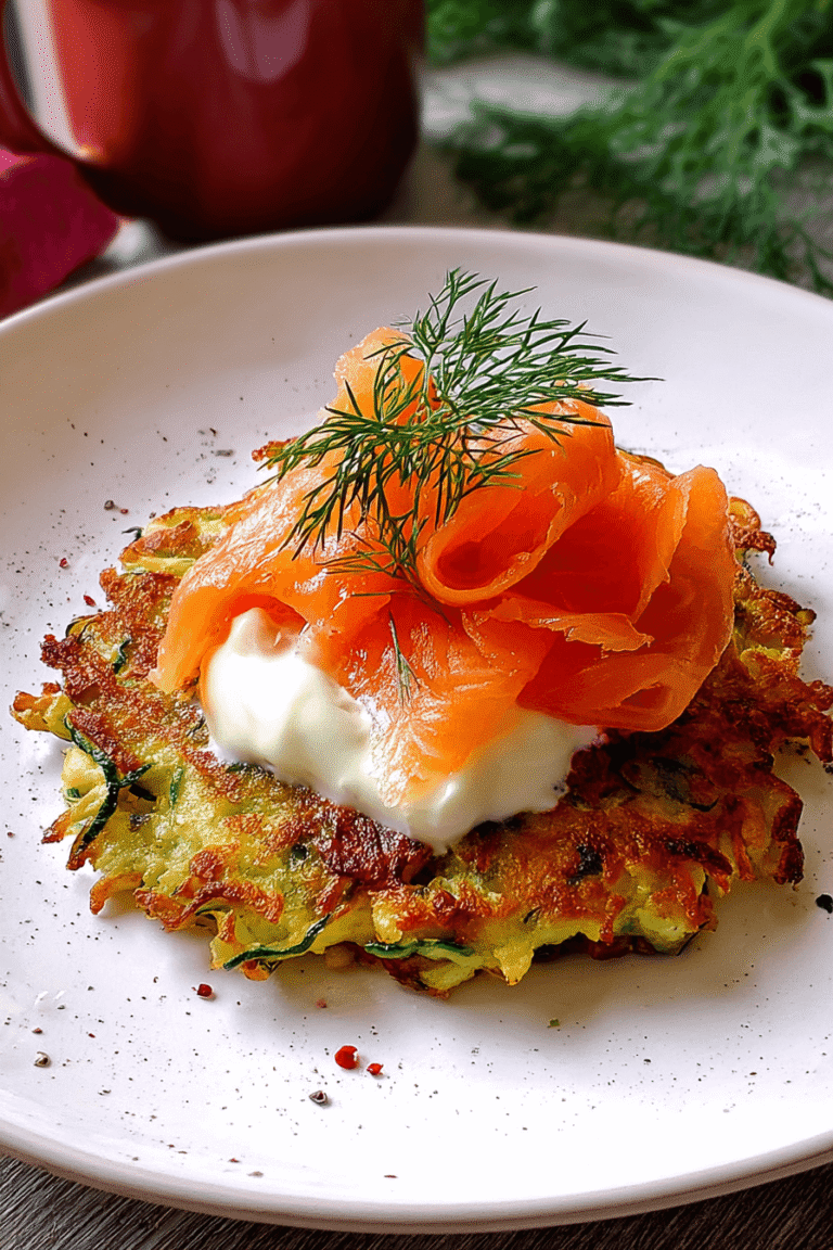 Crispy golden zucchini fritter topped with a dollop of sour cream, silky ribbons of smoked salmon, and a sprig of fresh dill on a white plate