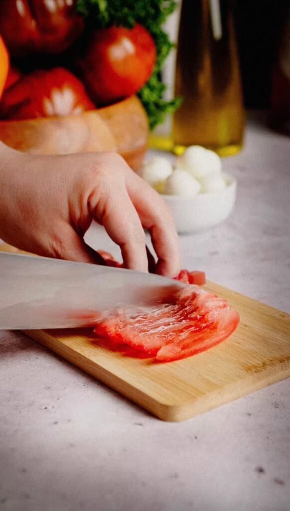 Slicing fresh Roma tomatoes on a cutting board for Italian tuna tomato mozzarella salad