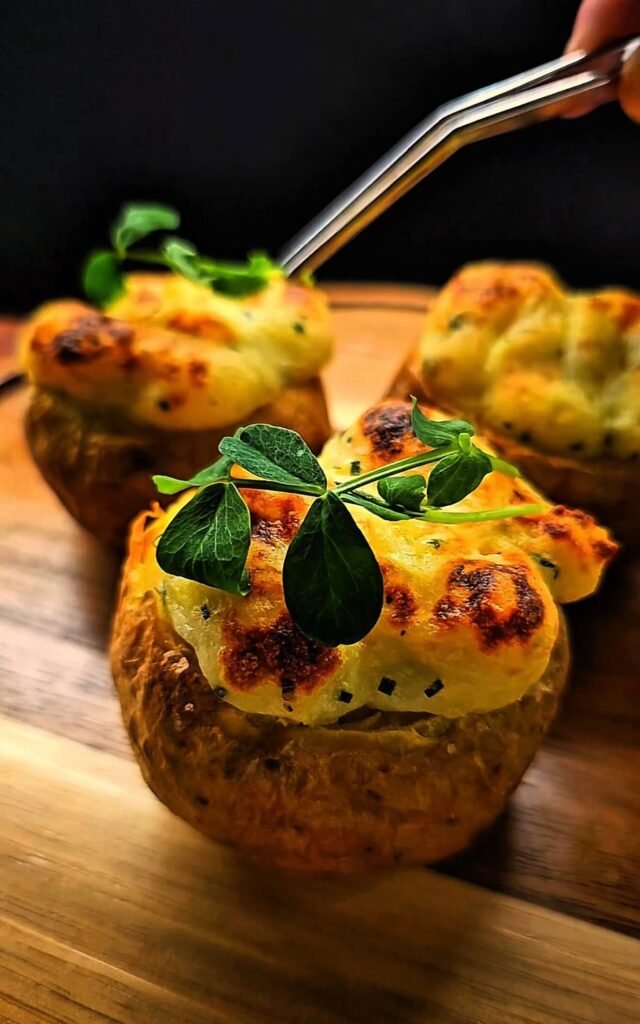 Twice-baked potatoes with goat cheese and chives, baked until golden and lightly broiled, served on a wooden board