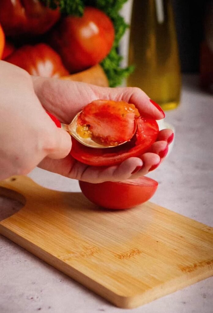 Removing seeds from ripe Roma tomatoes to prepare Italian tuna tomato mozzarella salad