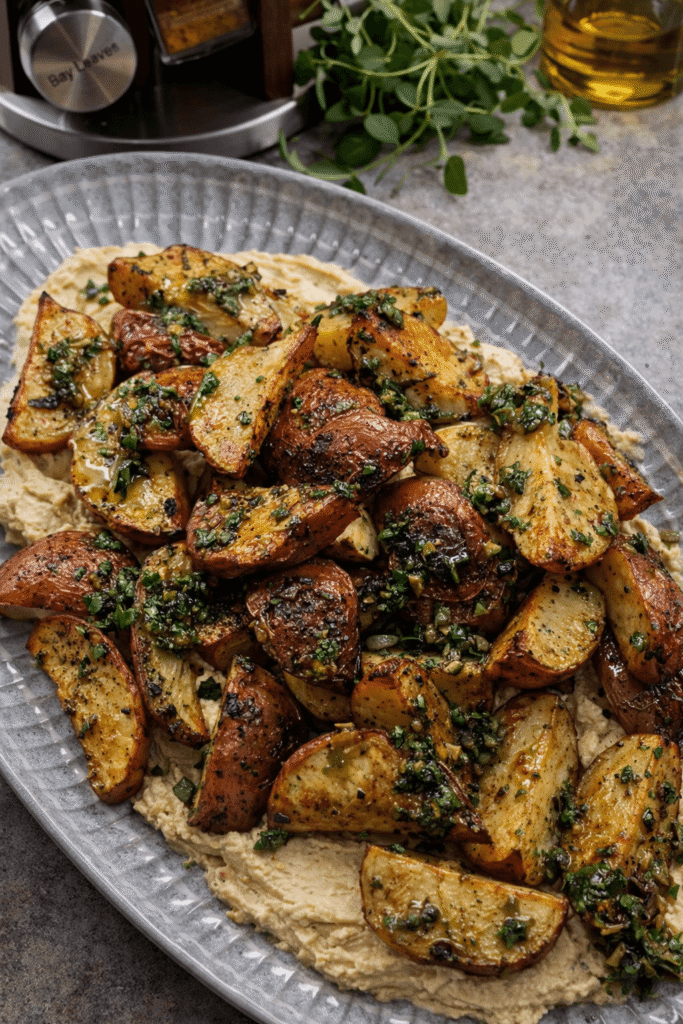 Crispy roasted potatoes with whipped feta cream and herb chili oil served on a platter, golden and garnished with fresh herbs