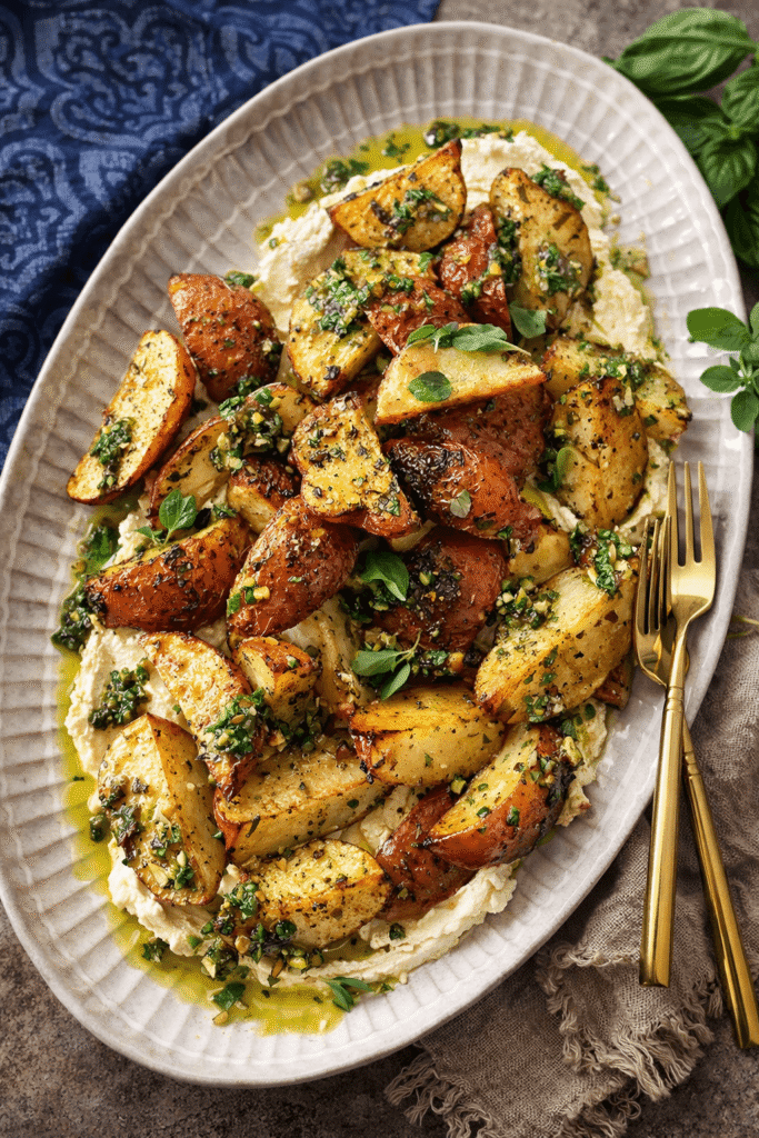 Golden crispy roasted potatoes with whipped feta and garlic herb oil close-up, showing texture and crispy edges