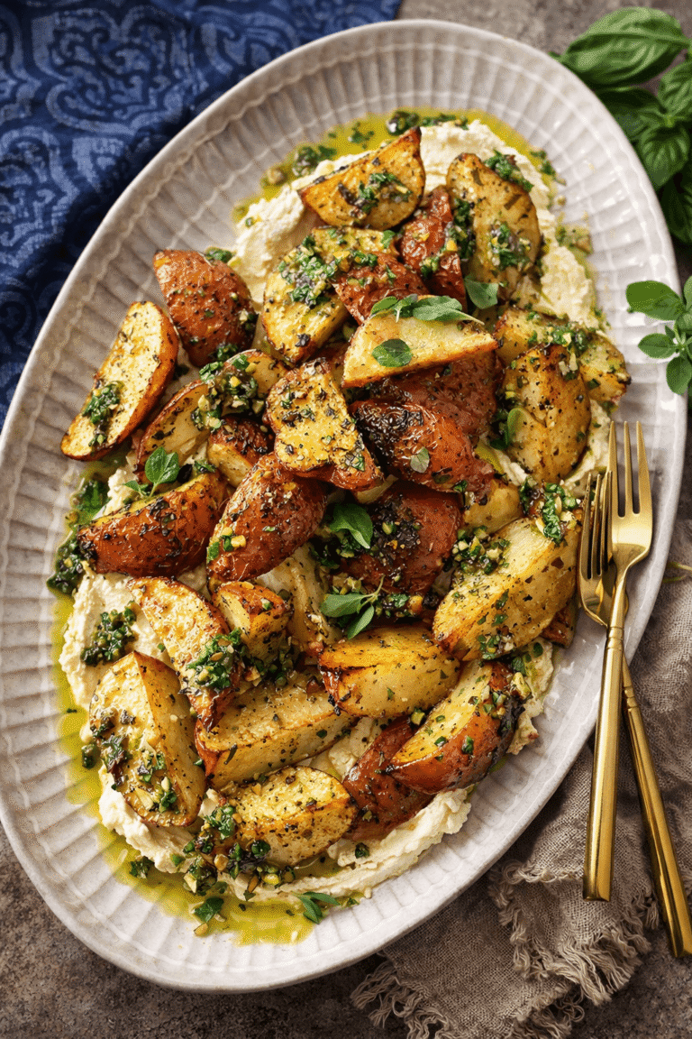 Golden crispy roasted potatoes with whipped feta and garlic herb oil close-up, showing texture and crispy edges