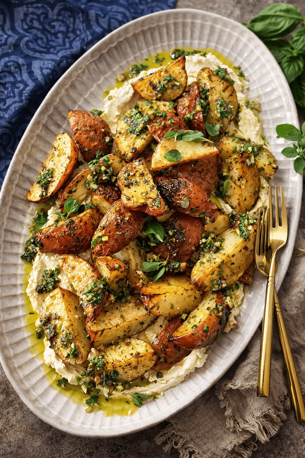 Golden crispy roasted potatoes with whipped feta and garlic herb oil close-up, showing texture and crispy edges