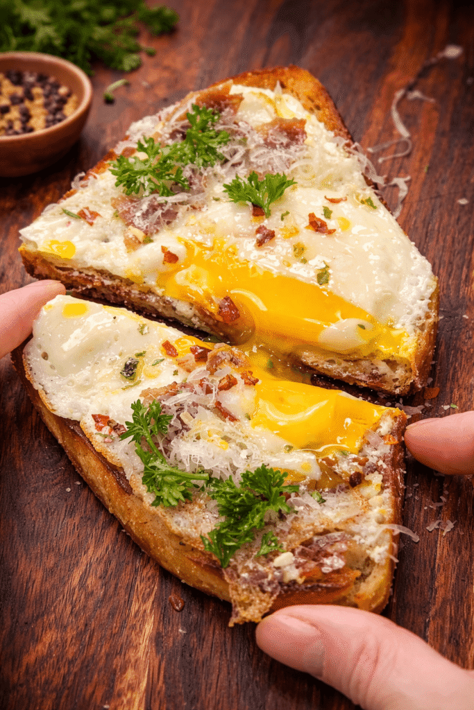 Close-up of savory breakfast toast with soft egg yolk, anchovies, parmesan, and fresh parsley