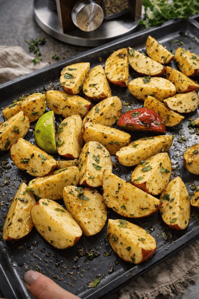 Oregano roasted potatoes on a baking sheet with garlic, lime wedges, and olive oil before crisping in the oven