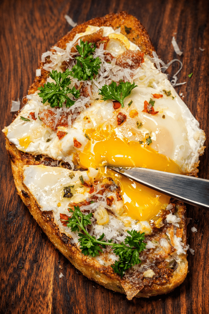 Savory breakfast toast with runny egg, garlic confit, parmesan, and herbs on crispy sourdough bread