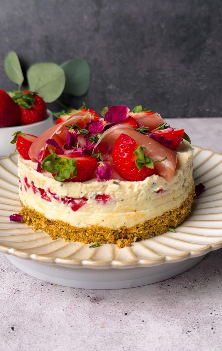 Sweet and savory strawberry prosciutto cheesecake dip with creamy ricotta filling and pistachio crust – elegant strawberry appetizer recipe