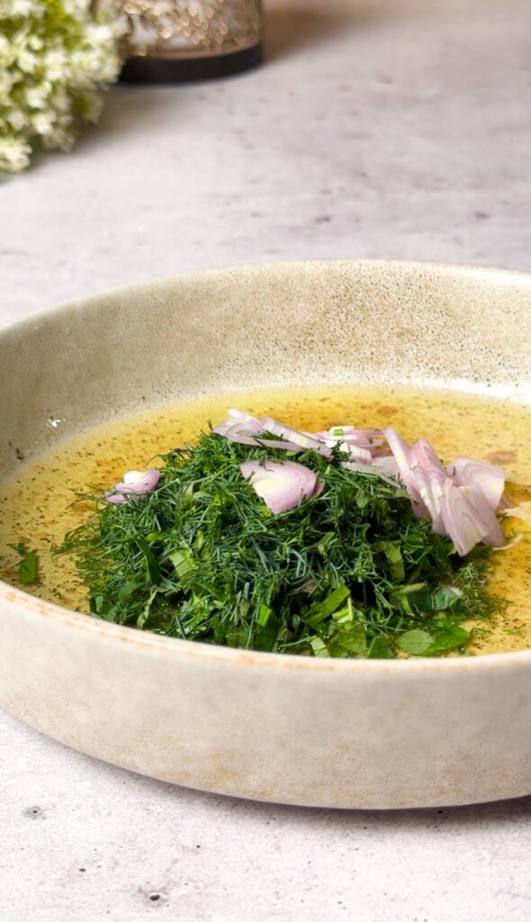 herb vinaigrette with dill parsley oregano and shallots for marinated mushroom salad