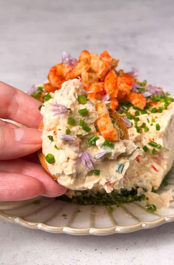 Hand holding a butter cracker spread with Cajun crawfish savory cheesecake filling, chive blossoms, and sliced chives, with the full cheesecake on a white ridged plate in the background