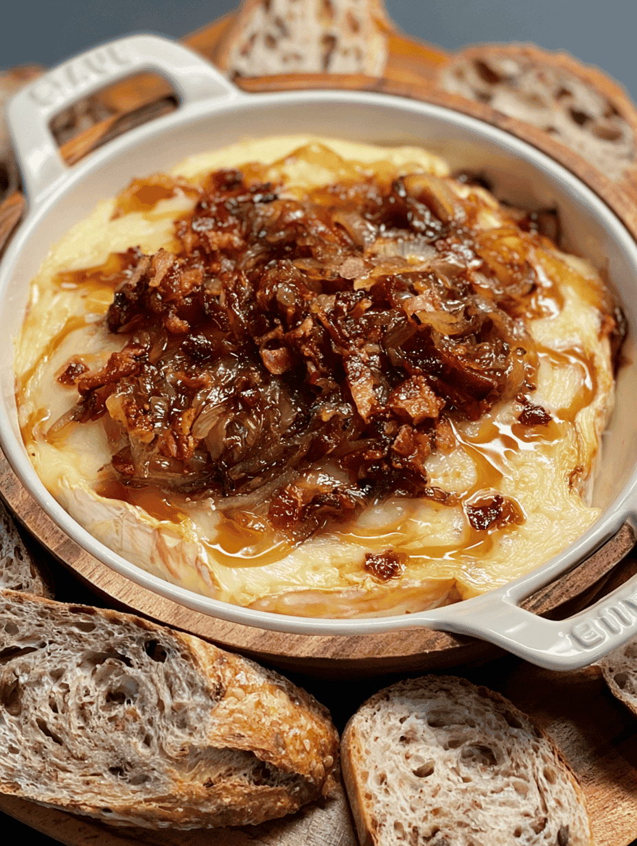 baked brie with bacon and caramelized onions in a white dish surrounded by sourdough slices