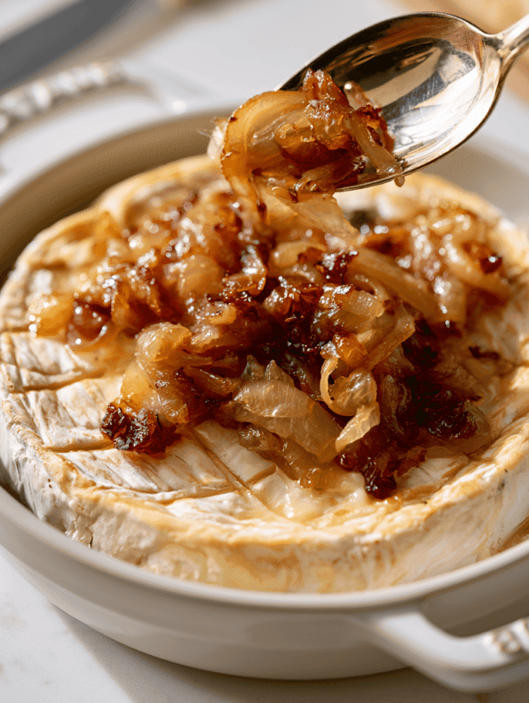 spoon lifting caramelized onions and bacon off a melted baked brie wheel