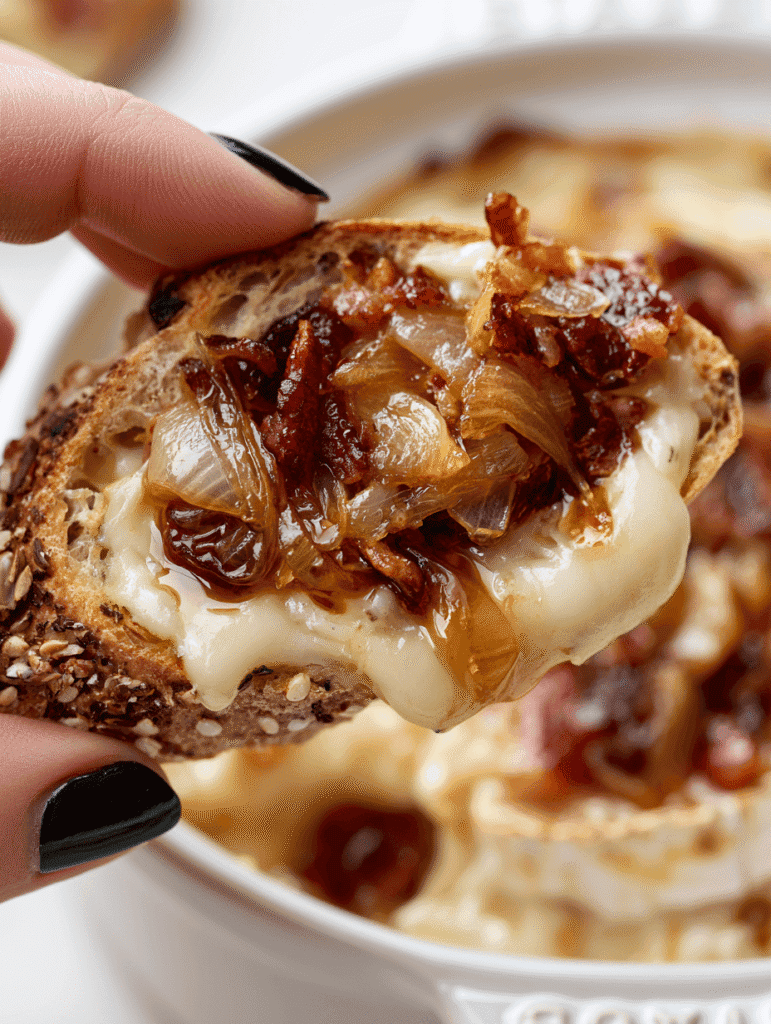 hand holding sourdough toast topped with melted brie, caramelized onions and bacon