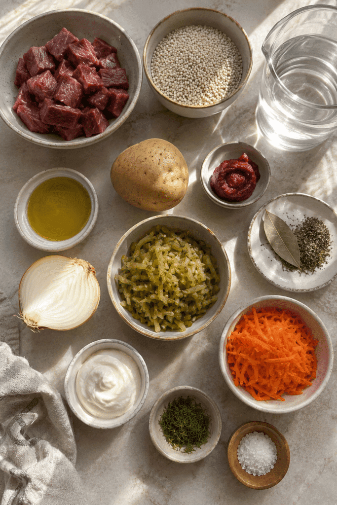 Rassolnik pickle soup ingredients including beef, barley, potato, and grated dill pickles