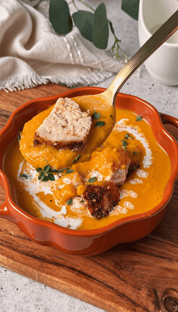 Spoonful of creamy butternut squash soup with a thick piece of roasted chicken