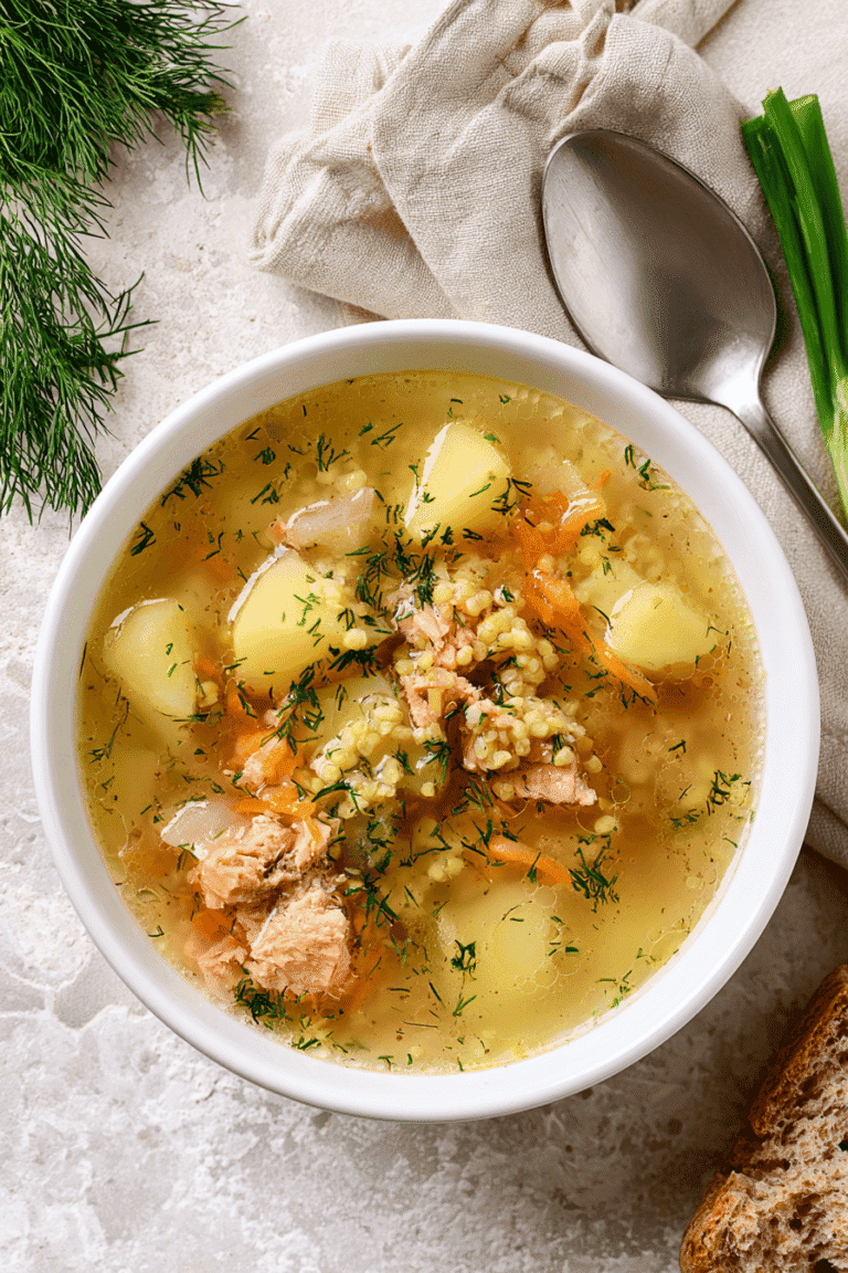 Canned salmon soup with potatoes, millet, carrots, and fresh dill in a light golden broth.