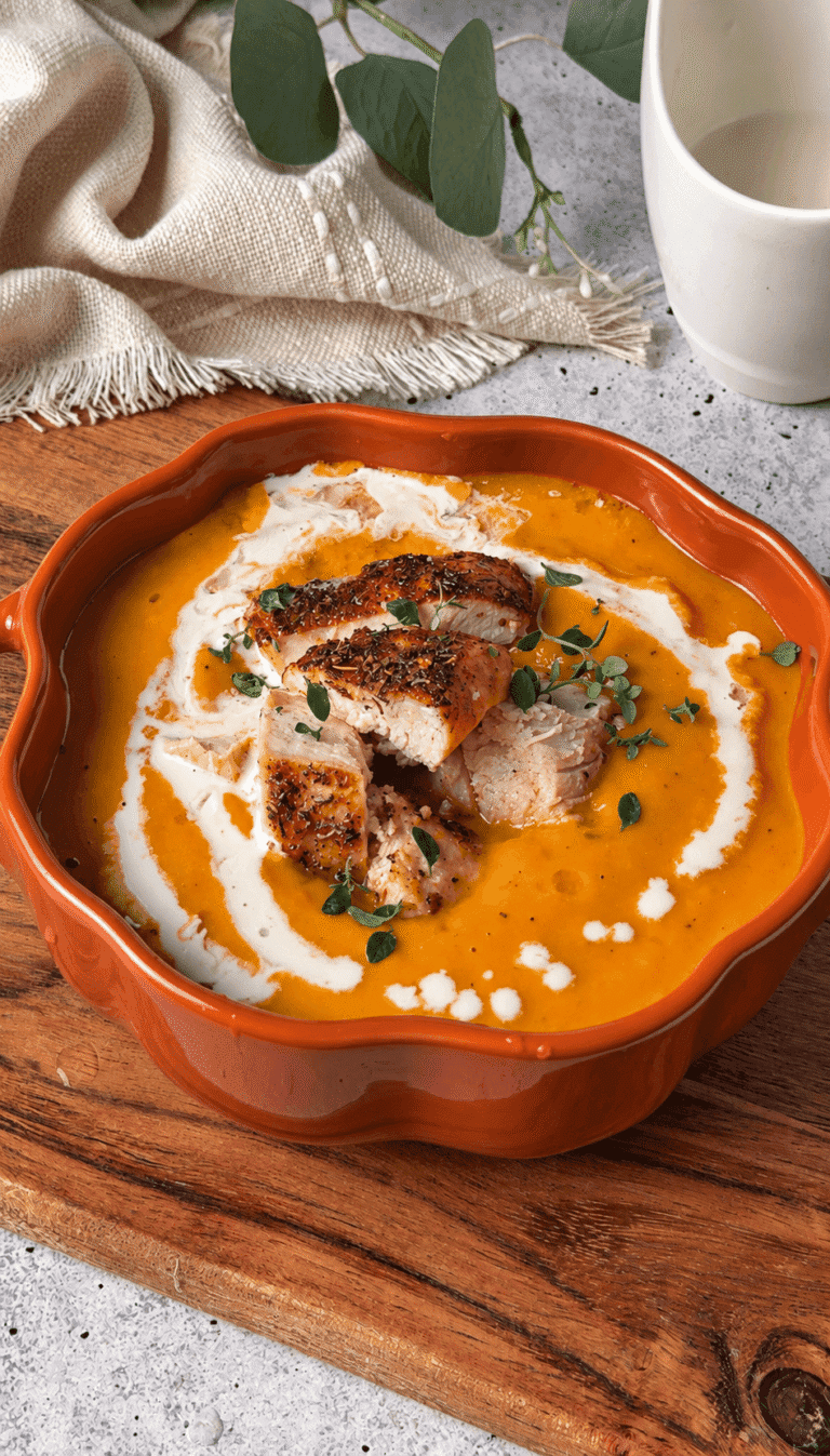 Creamy butternut squash soup topped with roasted chicken, cream and fresh thyme