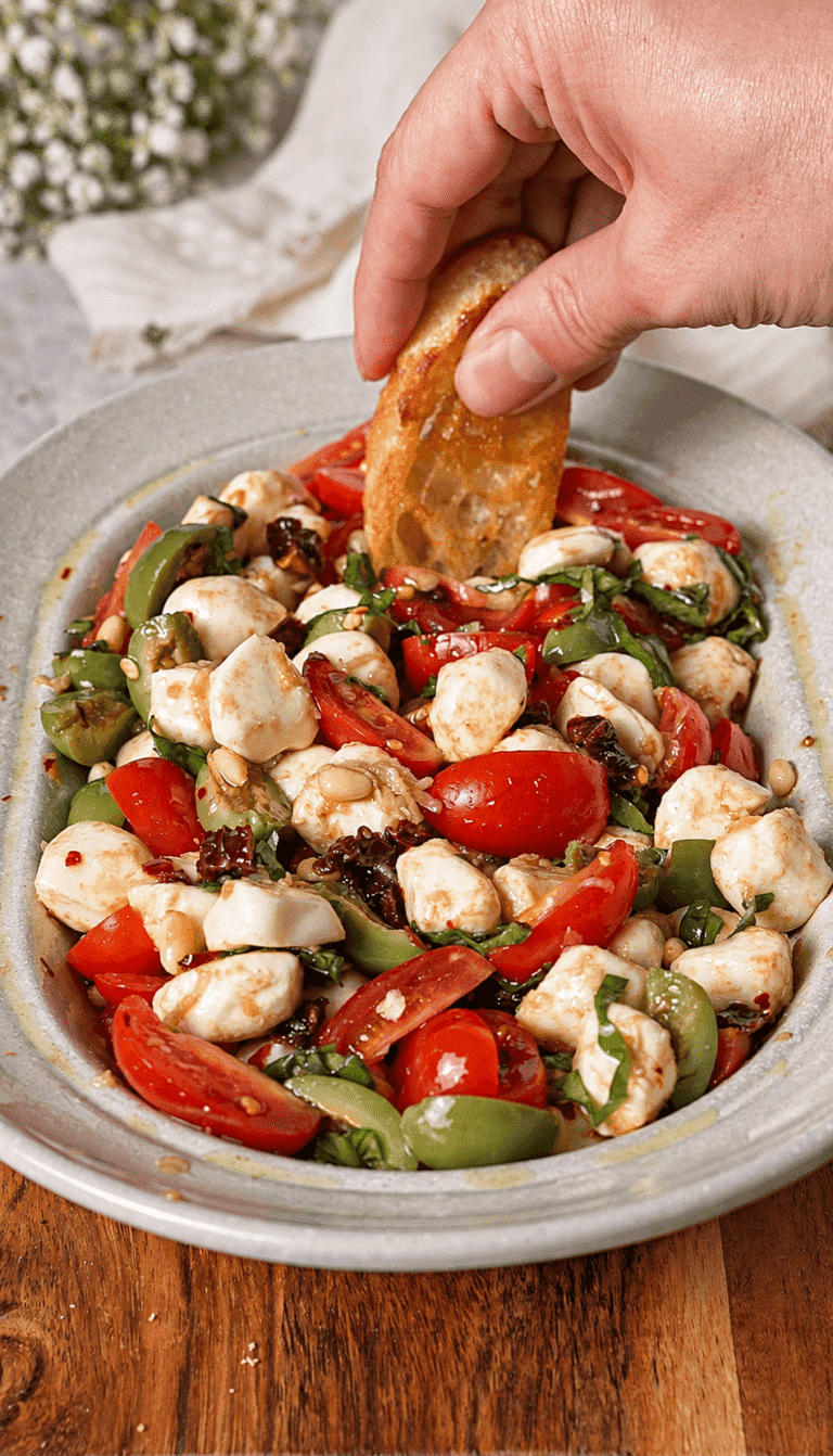 Toasted bread dipped into a bowl of mozzarella pearls, tomatoes, olives, and sun-dried tomatoes.