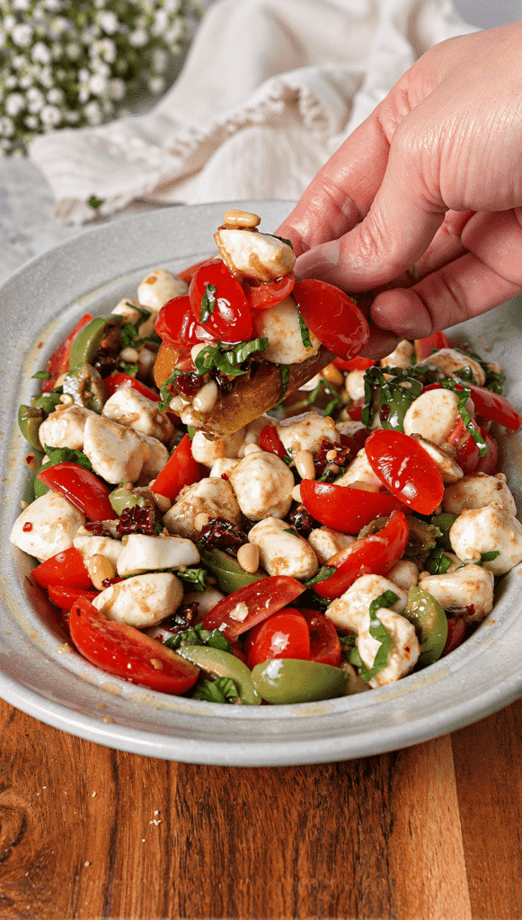 A piece of toasted bread topped with mozzarella, cherry tomatoes, olives, and basil from the marinated mozzarella dip.
