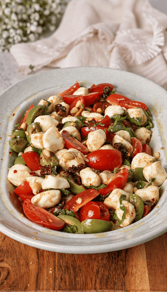 Marinated mozzarella dip finished with fresh basil, toasted pine nuts, cherry tomatoes, and green olives.