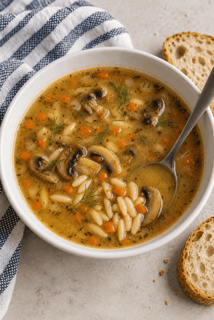 Mushroom orzo soup with carrots and fresh dill served with crusty bread.
