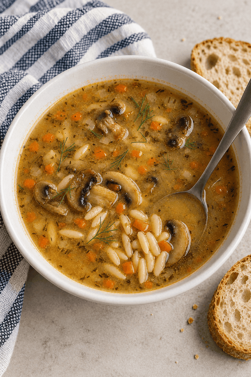 Mushroom orzo soup with carrots and fresh dill served with crusty bread.