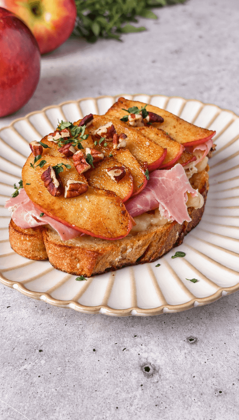Apple Brie toast with ham and overlapping caramelized apple slices, finished with pecans and thyme on a white plate.
