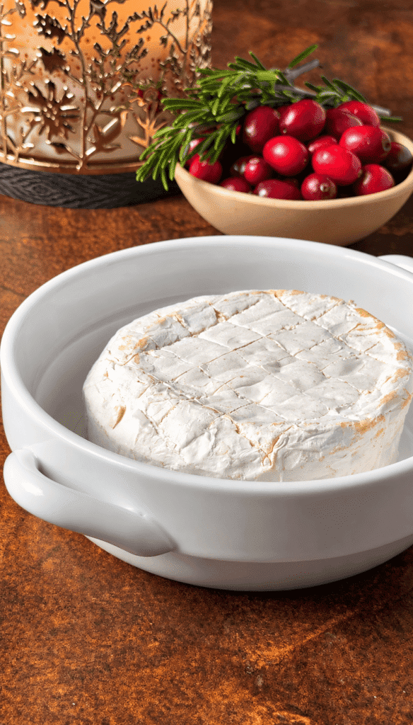wheel of Brie scored in a white baking dish, with fresh cranberries and rosemary in the background