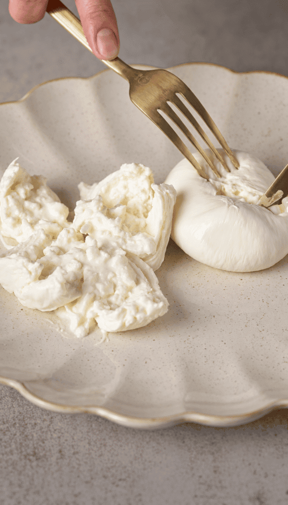 Burrata being opened with a fork and knife, revealing its creamy center on a scalloped platter.