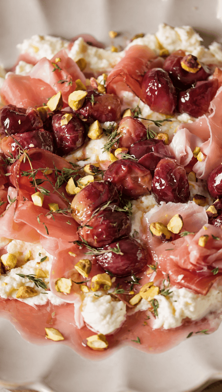 Close-up of burrata with roasted red grapes, folded prosciutto, chopped pistachios, and fresh thyme.