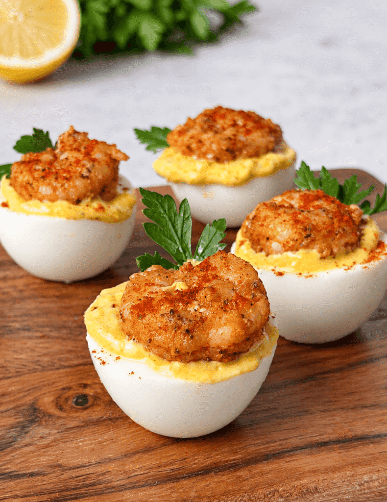 Cajun shrimp deviled eggs with creamy yellow filling, smoked paprika, and fresh herbs arranged on a wooden board.
