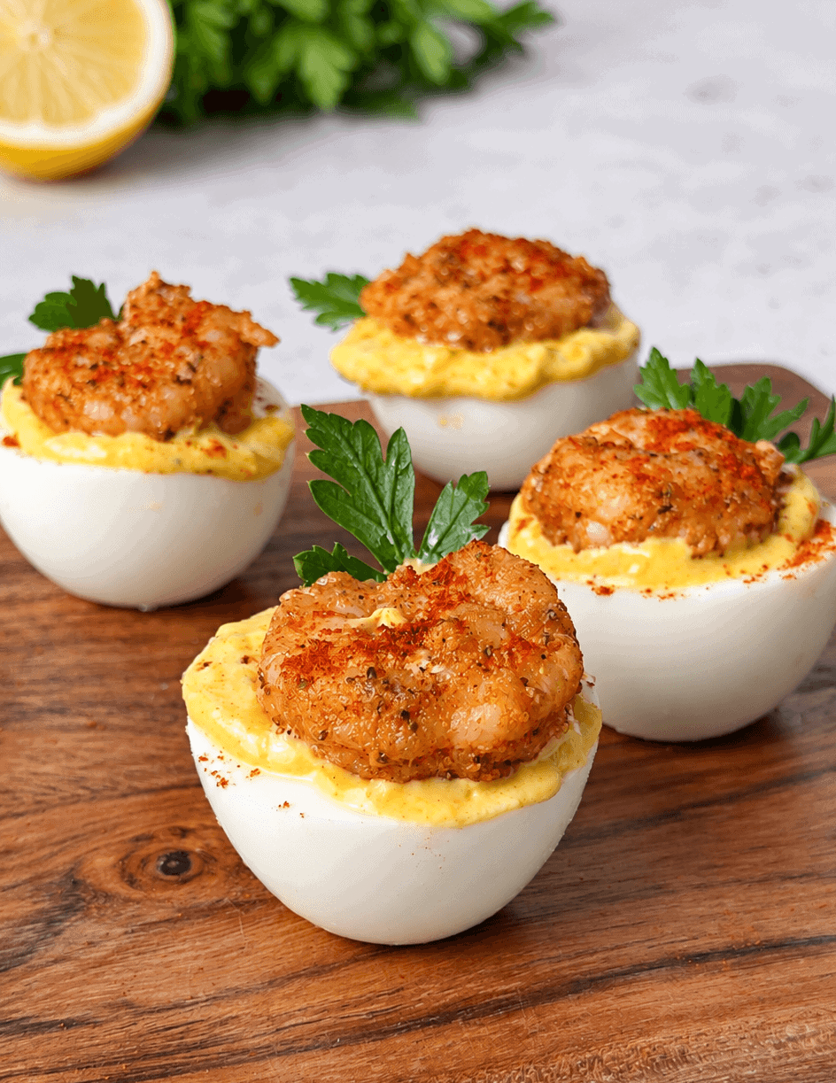 Cajun shrimp deviled eggs with creamy yellow filling, smoked paprika, and fresh herbs arranged on a wooden board.