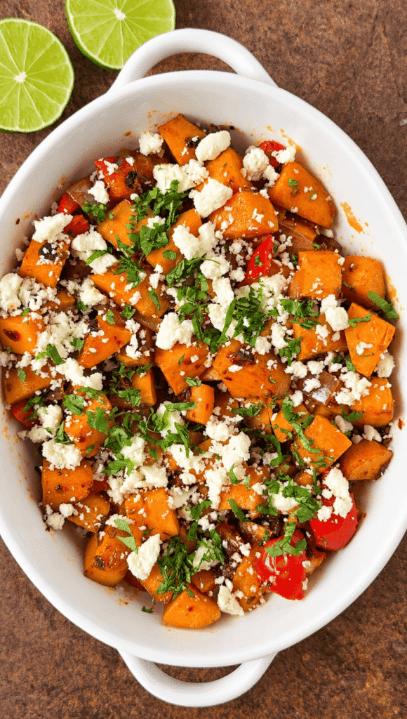 Chipotle roasted sweet potatoes topped with crumbled cotija and cilantro, with lime halves beside the baking dish.