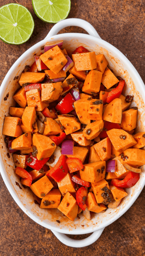 Sweet potatoes, red onion, and bell pepper coated in chipotle adobo seasoning before baking.