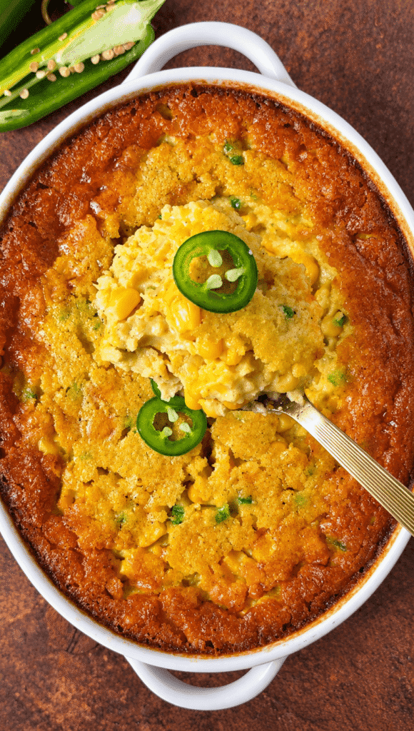 Spoonful of corn pudding with honey and jalapeño showing the moist interior beneath the golden crust.