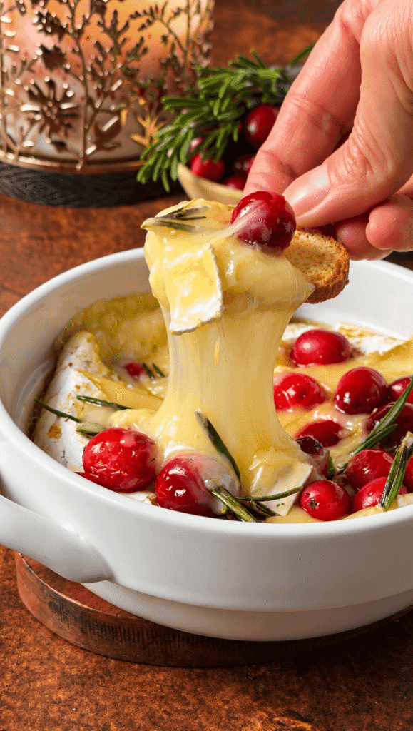 Gooey baked Brie with cranberries and rosemary being scooped onto a baguette slice